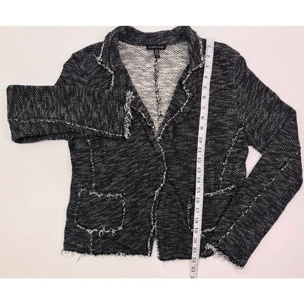 Eileen Fisher Black White Textured Fringe Tweed Blazer Cardigan Size S Petite - Picture 10 of 10